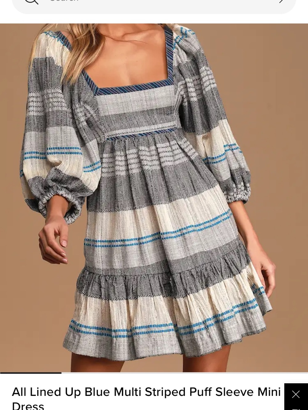 Free People Blue, Gray & Cream Striped Puff Sleeve Mini Dress